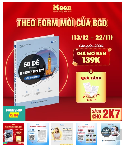 Bộ đề minh họa 2025 môn Tiếng Anh cô Trang Anh, Sách ID luyện đề thi trắc nghiệm tnpt quốc gia moonbook