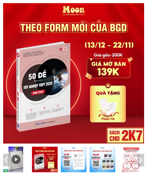 Sách bộ đề minh họa môn toán ôn thi THPT quốc gia bản 2025 Moonbook, luyện đề thi đại học toán lớp 12