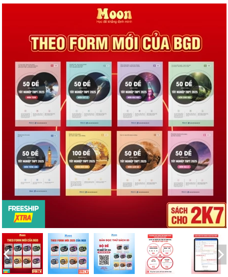 Sách bộ đề minh hoạ ôn thi THPT 2025 môn Toán, Lý, Hoá, Sinh, Anh, Văn, Sử, Địa Moonbook